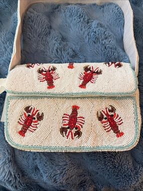 White Beaded Shoulder Bag with Red Lobster Motifs